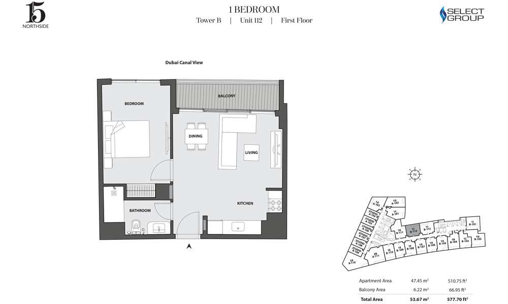 Tower B, 1 Bedroom, Unit 112, First Floor